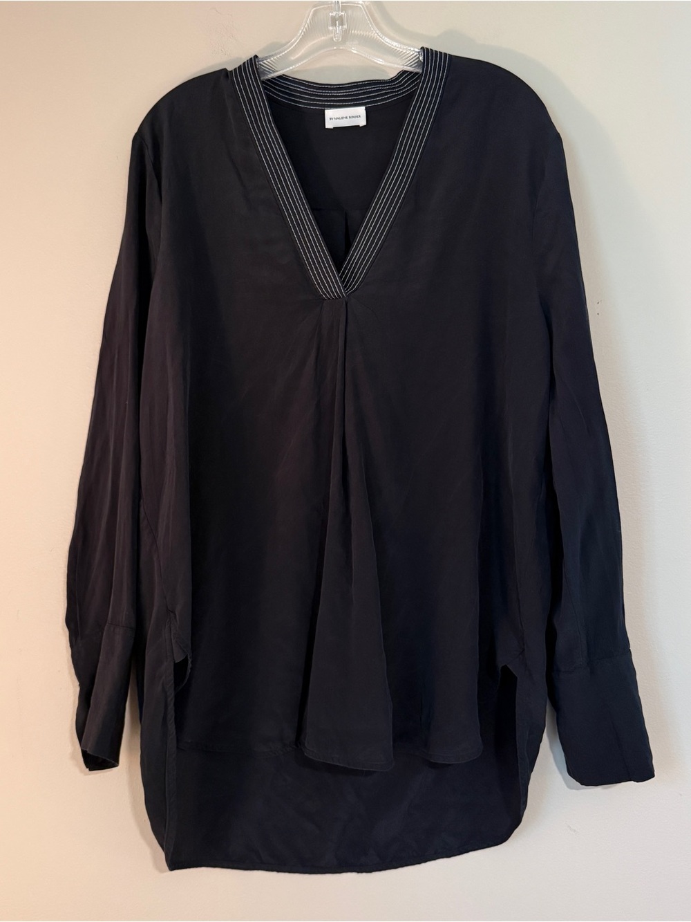 By Malene Birger black silk tunic long sleeve M/L contrast collar Scandinavian